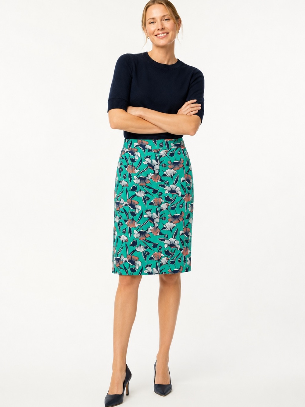 J by J. Crew Floral Printed Basketweave Pencil Skirt Green Coral Womens Size 0